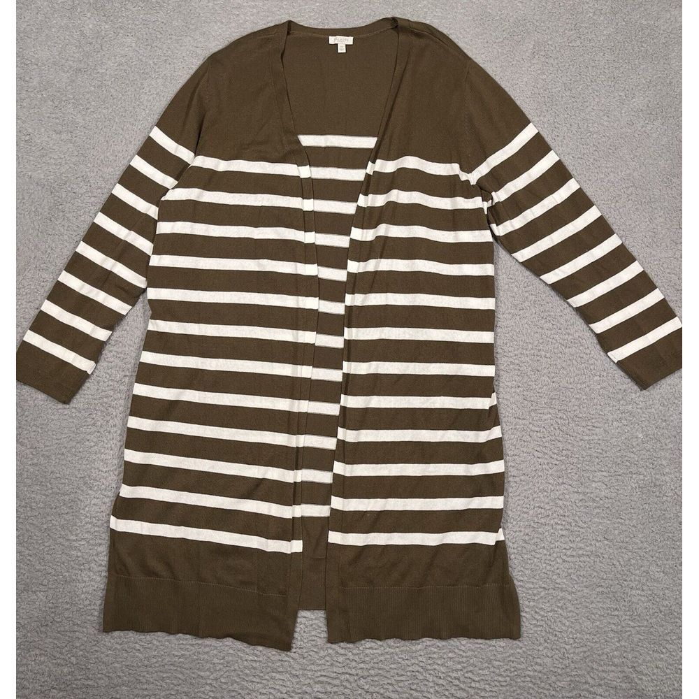 Talbots Plus Womens Long Cardigan Dark Green White Striped 2X Long‎ Sleeve
